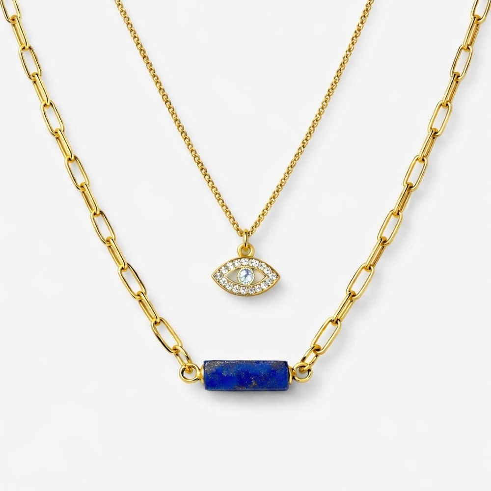 Golden Eye and GENUINE Lapis Lazuli Layered Necklace Set